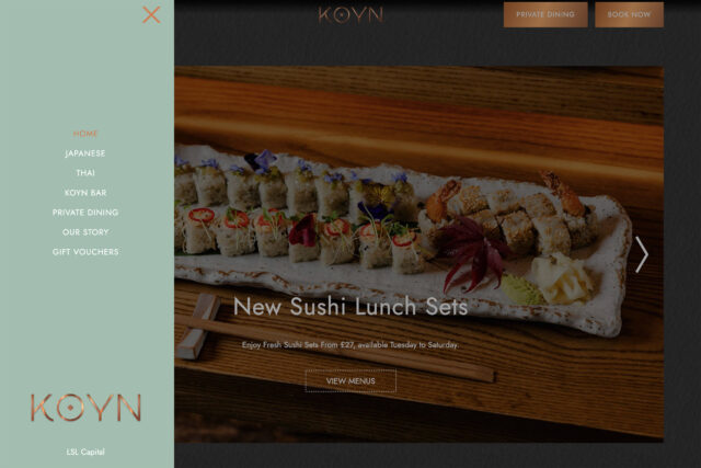 Custom website design for Asian fusion restaurants in Mayfair, London.