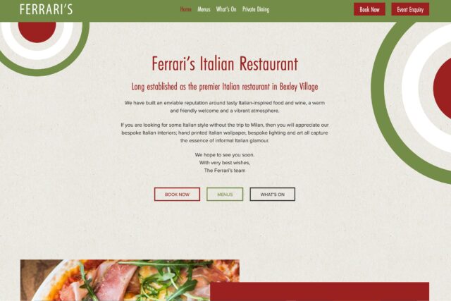 Custom website design for Italian restaurants and dining venues in Bexley, Kent.