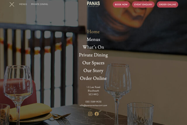 Custom website design for Panas and other hospitality venues in Greenwich, London.