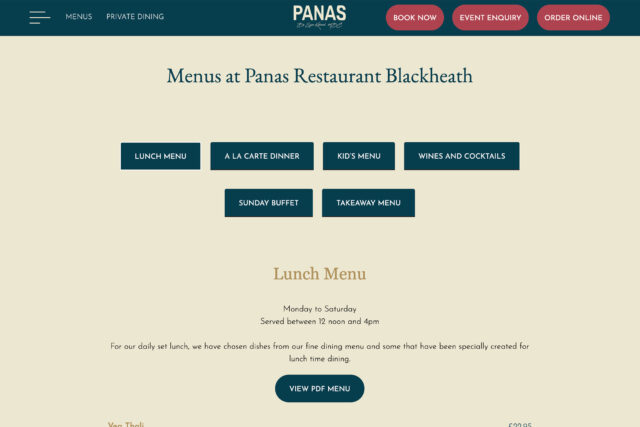 Panas restaurant website design: professional branding and development in London.