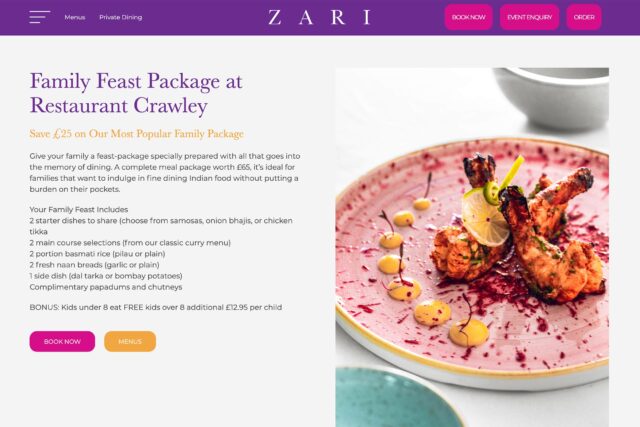 Table reservation and online booking page design for Zari Indian restaurant.