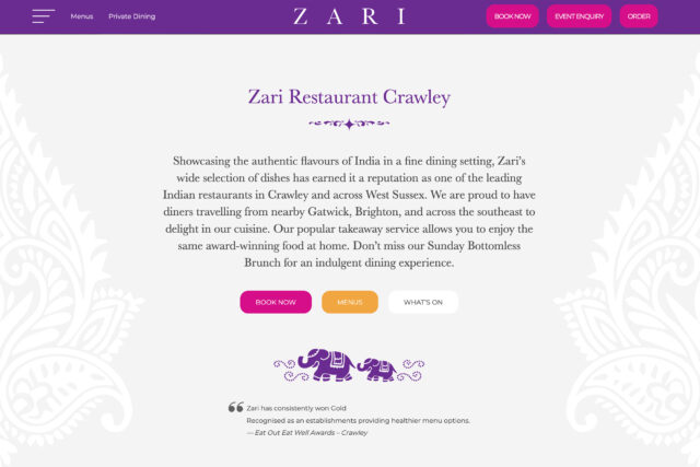 Website homepage user interface for Zari Indian restaurant.