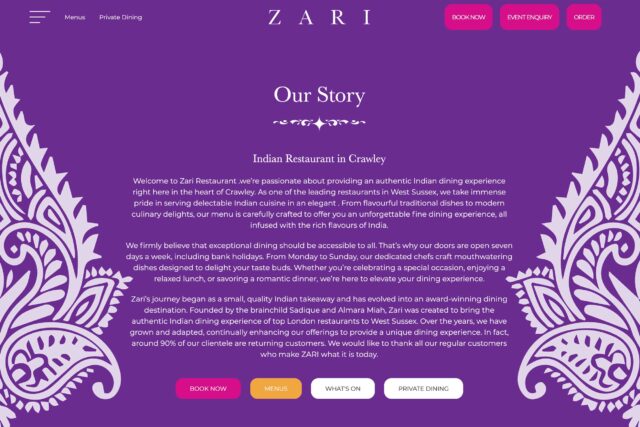 About page layout on the Zari Indian restaurant website.