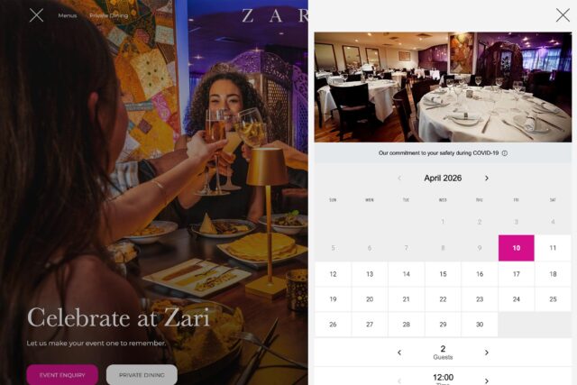 Mobile online booking system interface for Zari restaurant.