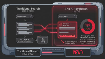 Graph showing the rise of zero-click AI searches and decline of traditional organic traffic in 2026
